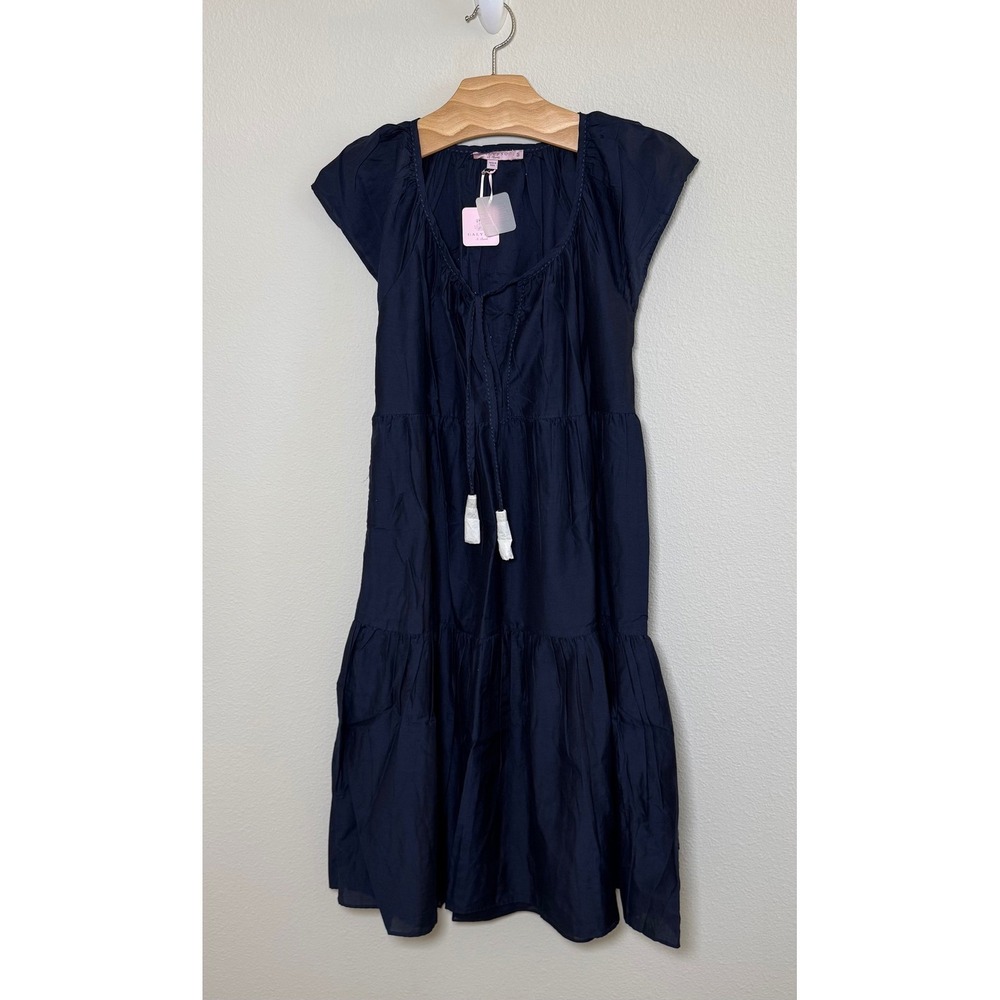 Calypso St. Barth Dress Womens Navy Tameda Dress Tiered Cotton Silk Size S